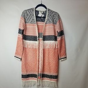 RD Style Long boho fringe cardigan pink